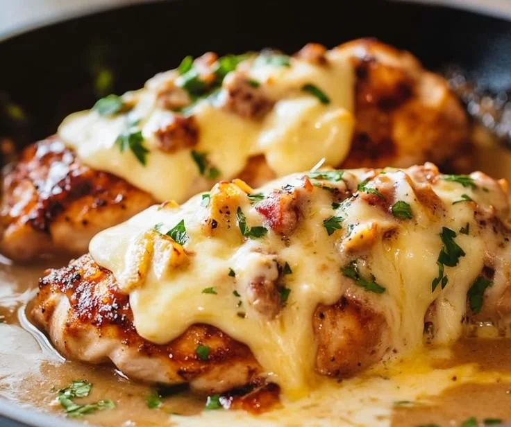 Plate of Texas Roadhouse smothered chicken with jack cheese and sides