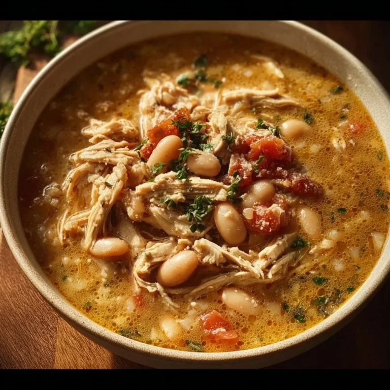 Creamy white cheddar apple chicken chili in a bowl, garnished with herbs.