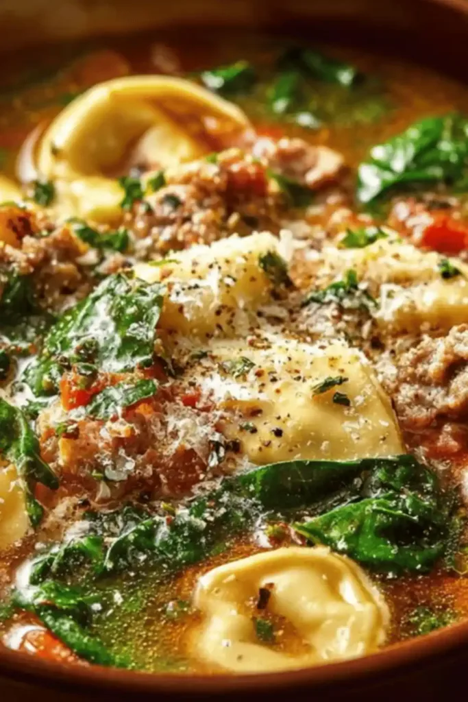 Fresh ingredients for Autumn Tortellini Soup with Sausage, onions, carrots, butternut squash, and tortellini