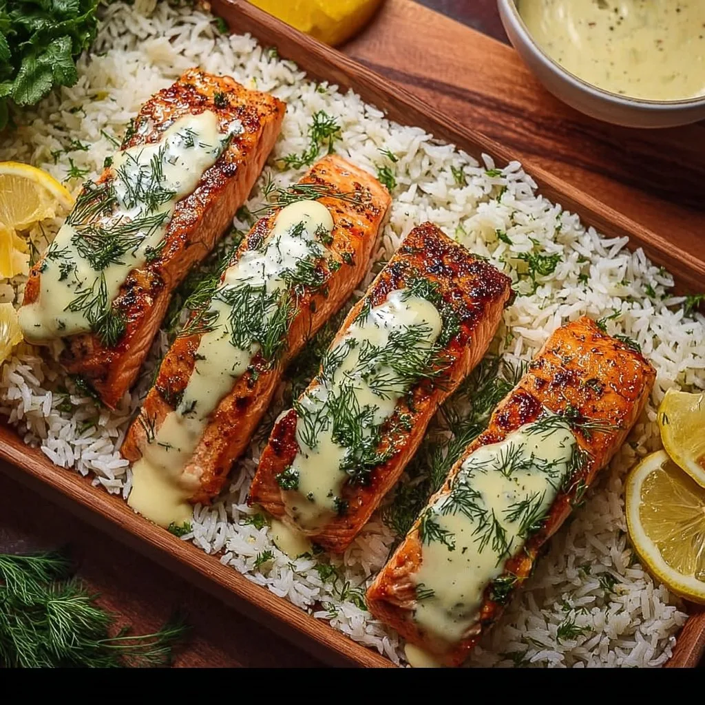 Baked Salmon with Dill Rice and Lemon-Honey Mayo Glaze