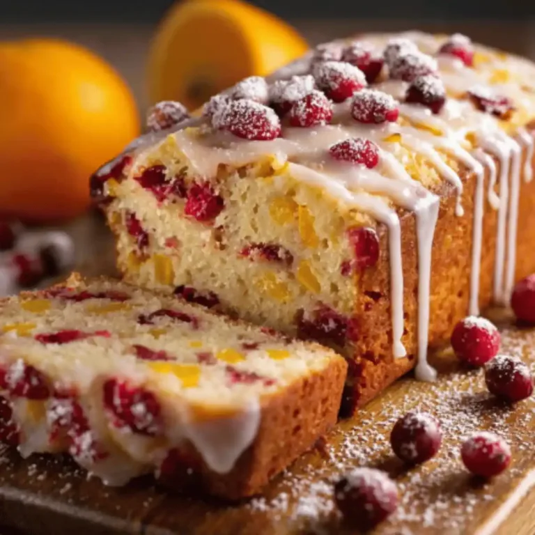 Cranberry Orange Loaf with orange glaze on cooling rack
