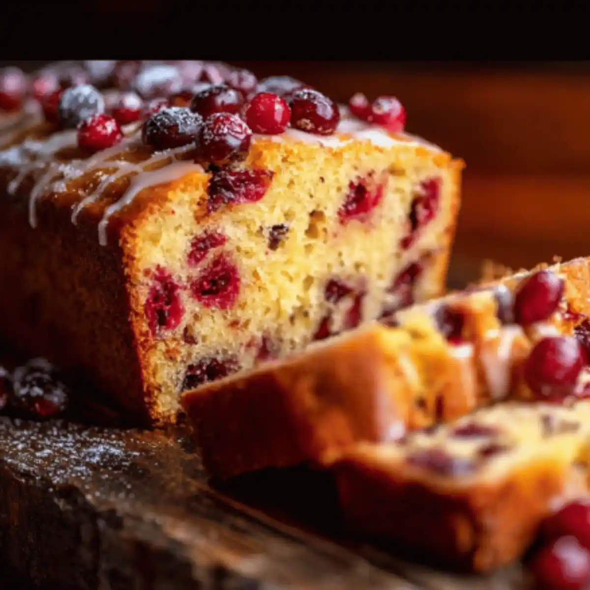 Glazed Cranberry Orange Loaf sliced and served on a white plate