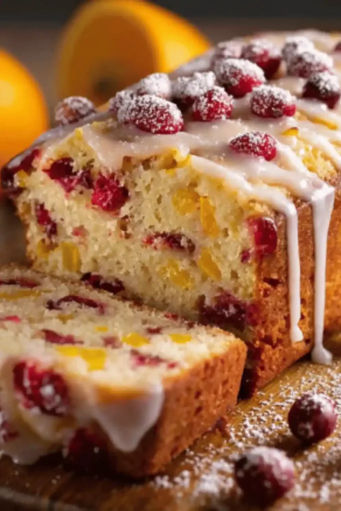Ingredients for Cranberry Orange Loaf including flour, butter, cranberries, and oranges on a kitchen counter