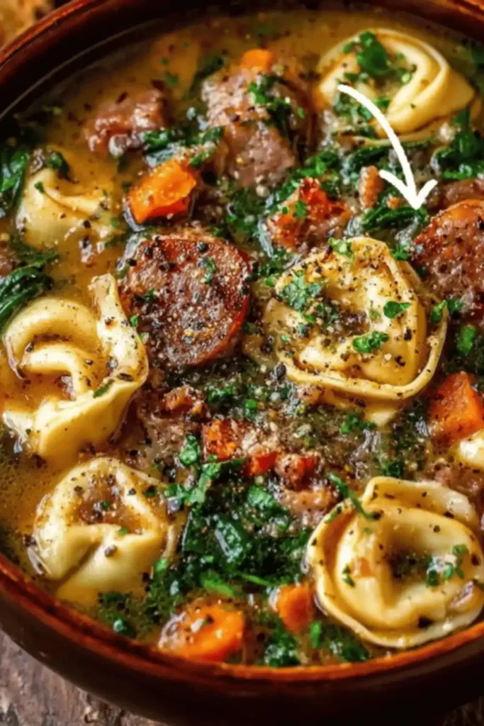 Italian sausage and vegetables simmering in a pot for Autumn Tortellini Soup