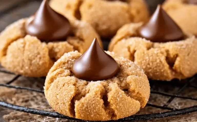 Delicious homemade Peanut Butter Blossoms cookies with chocolate kisses on top.