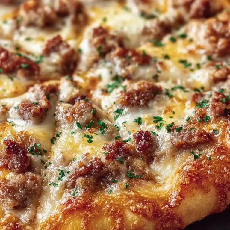Breakfast Sausage Gravy Biscuit Pizza topped with sausage and gravy