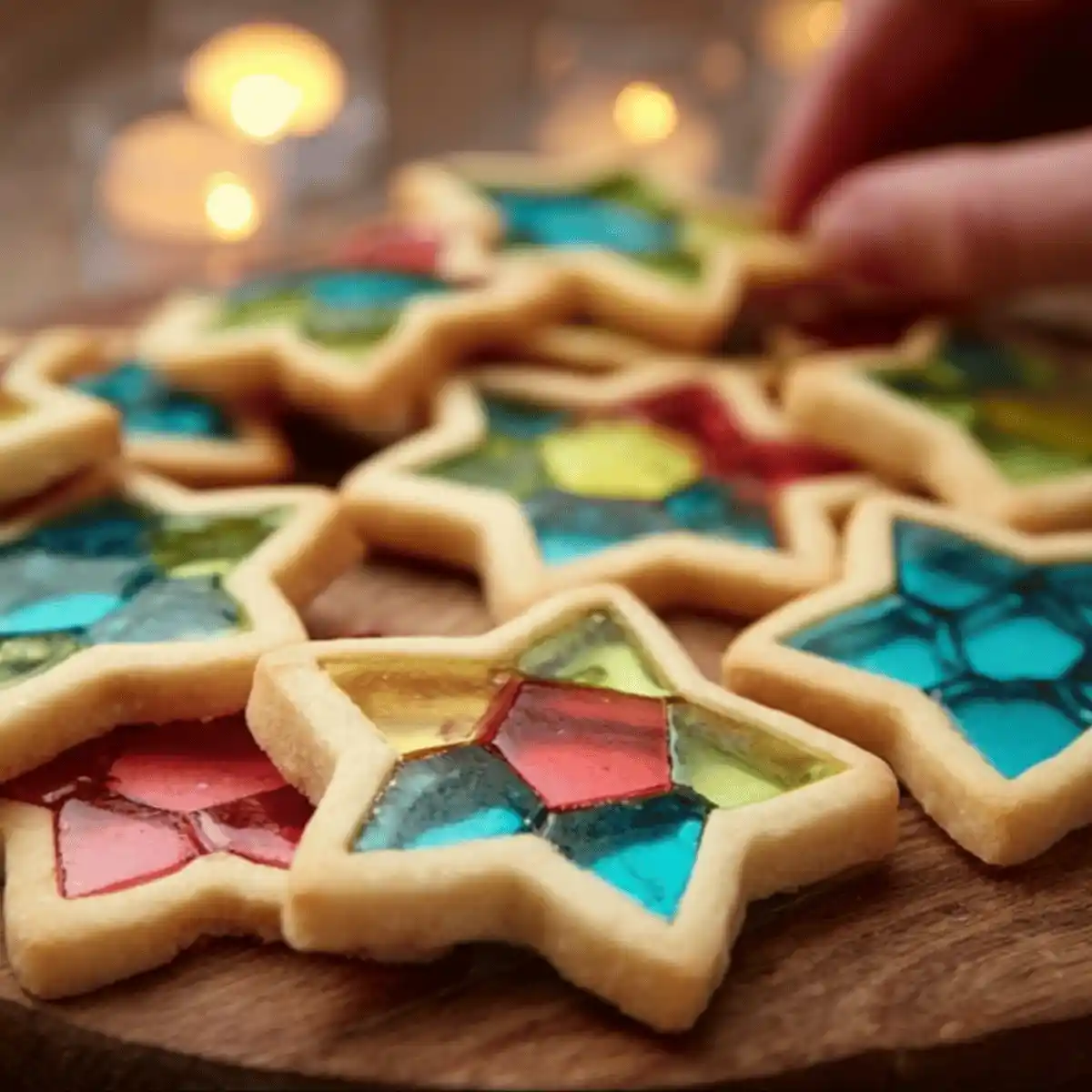 Close-up of stained glass cookies showing vibrant Jolly Rancher centers.