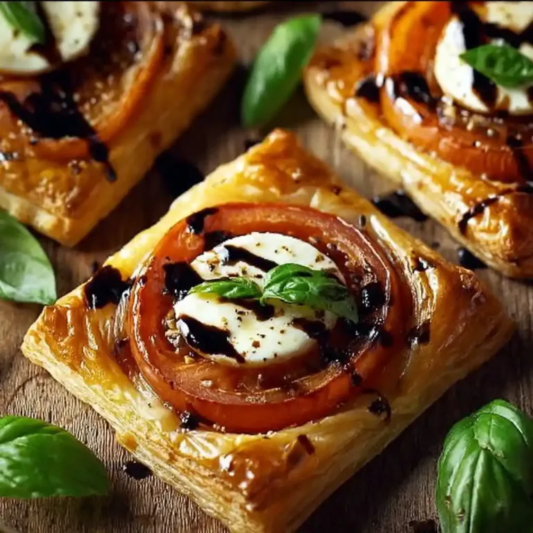 Delicious Tomato Mozzarella Puff Pastry Tarts on a wooden table