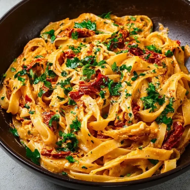 Creamy vegan sun-dried tomato pasta garnished with herbs and served in a bowl