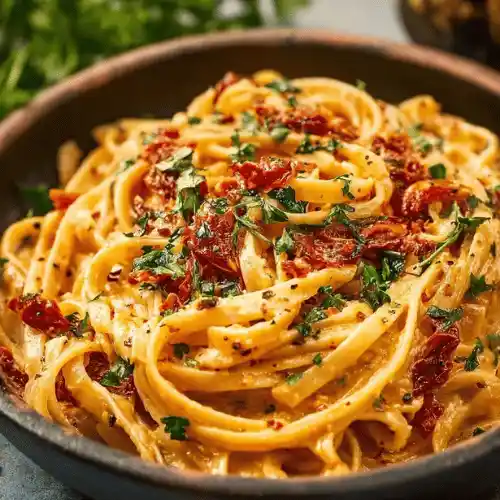Creamy vegan sun-dried tomato pasta garnished with herbs