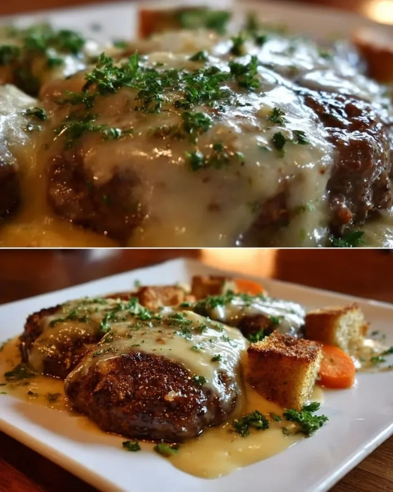 Amish Hamburger Steak Bake served with rich gravy and side vegetables.