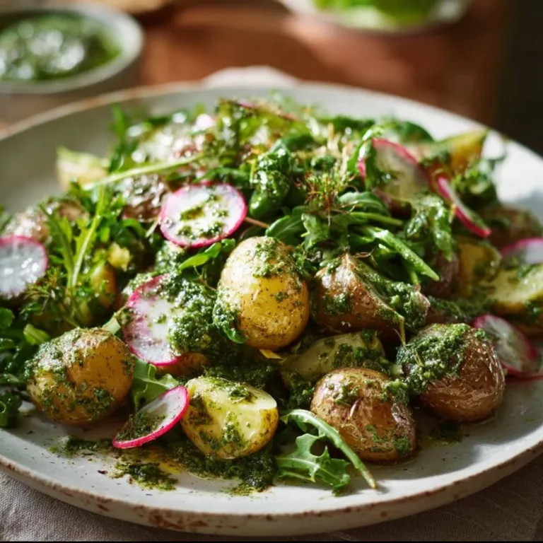 Arugula Pesto Potato Salad in a bowl with fresh ingredients