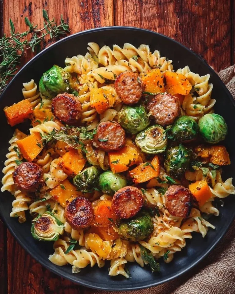 Autumn dinner with sausage, pasta, Brussels sprouts, and butternut squash on a plate.