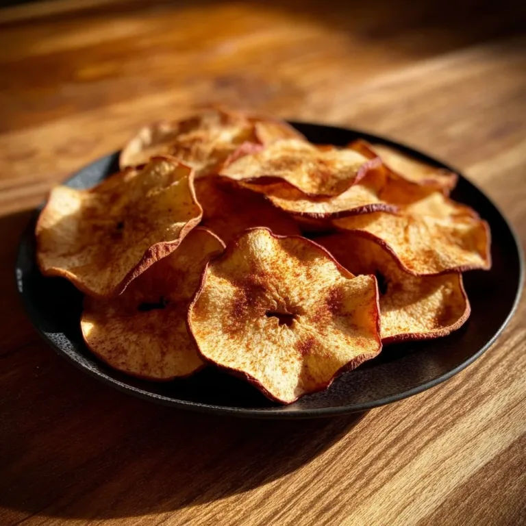 Crispy baked apple chips on a wooden table, healthy snack option.