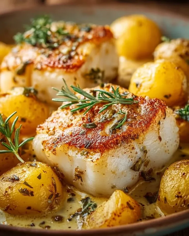Baked cod fillet served with Yukon Gold potatoes on a plate.