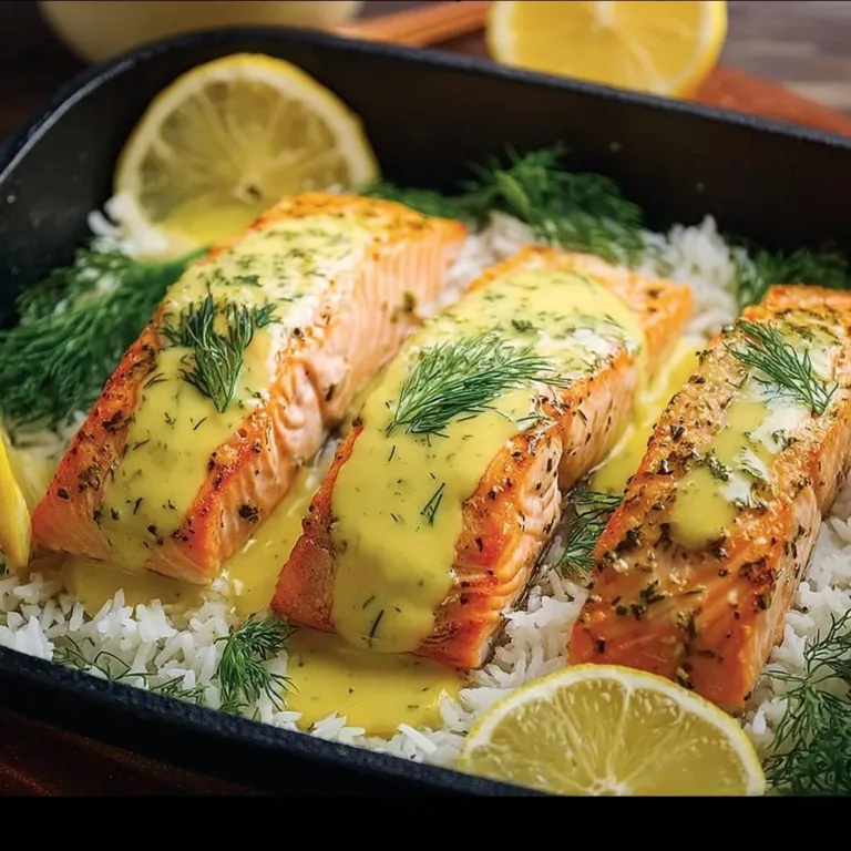 Baked salmon with dill rice and lemon-honey mayo glaze on a plate