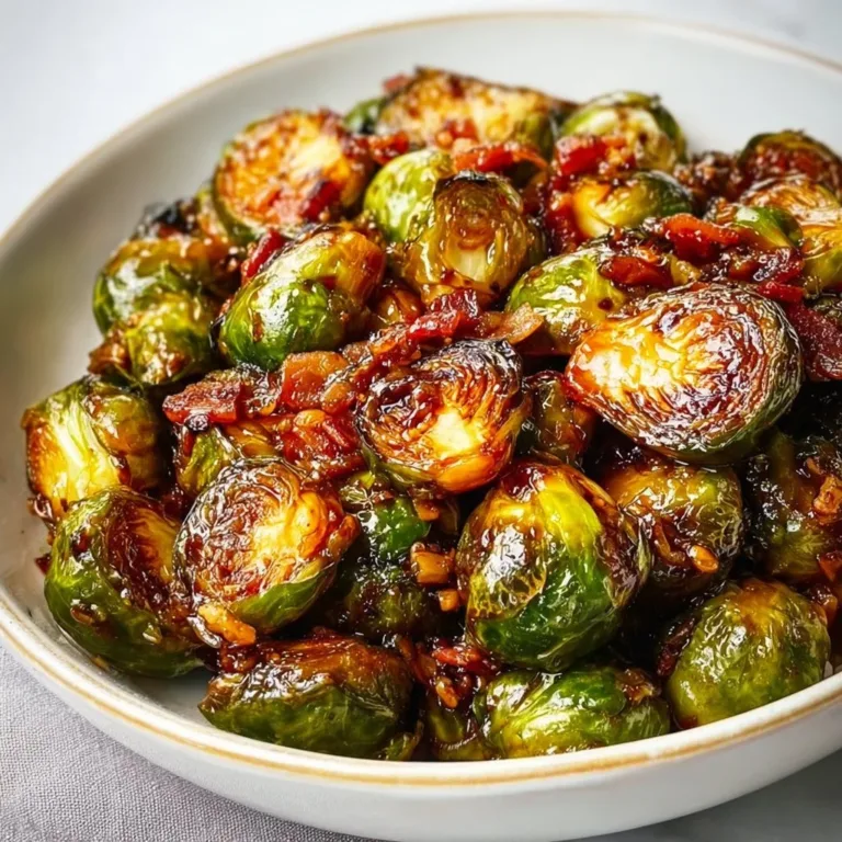 Balsamic Honey Brussels Sprouts drizzled with sauce and garnished