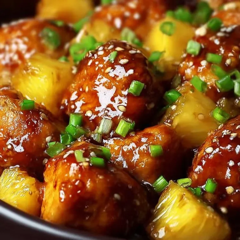 Delicious Brown Sugar Pineapple Chicken drizzled with sauce and garnished with pineapple