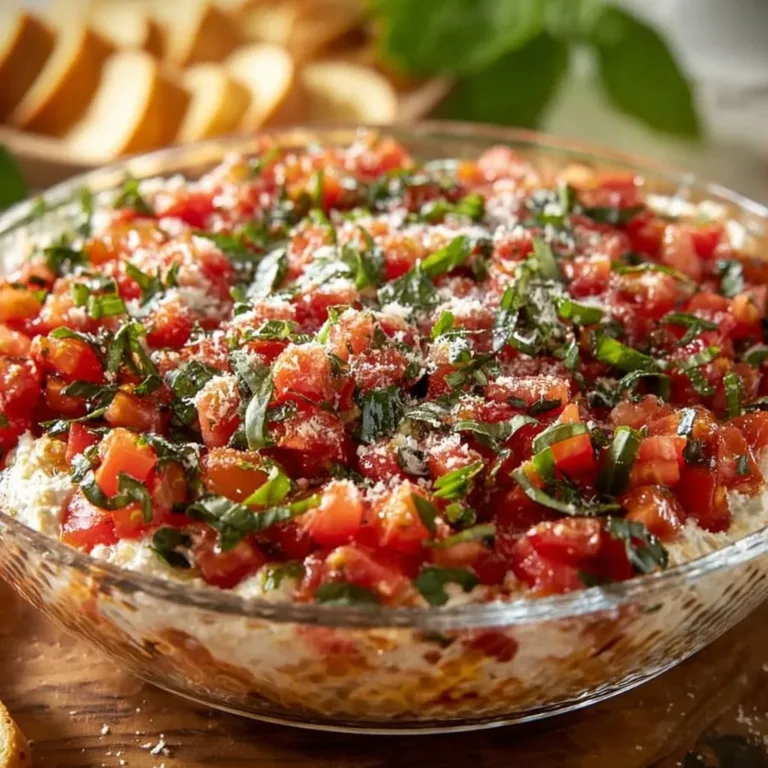 Delicious Bruschetta Dip served with toasted bread and fresh toppings.