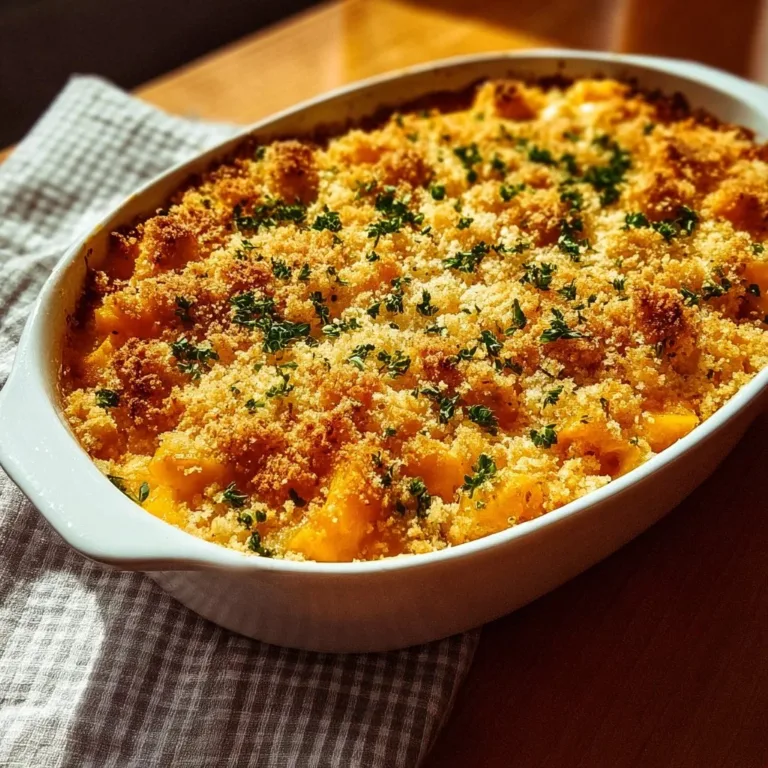 Delicious butternut squash casserole in a baking dish, garnished and ready to serve.