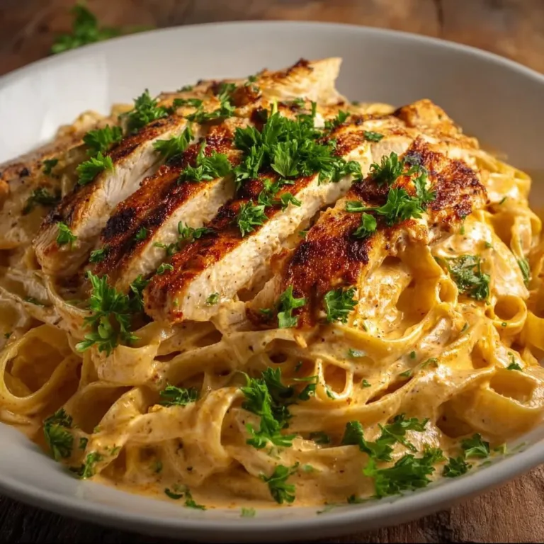 Delicious Cajun Chicken Alfredo Fettuccine served in a bowl