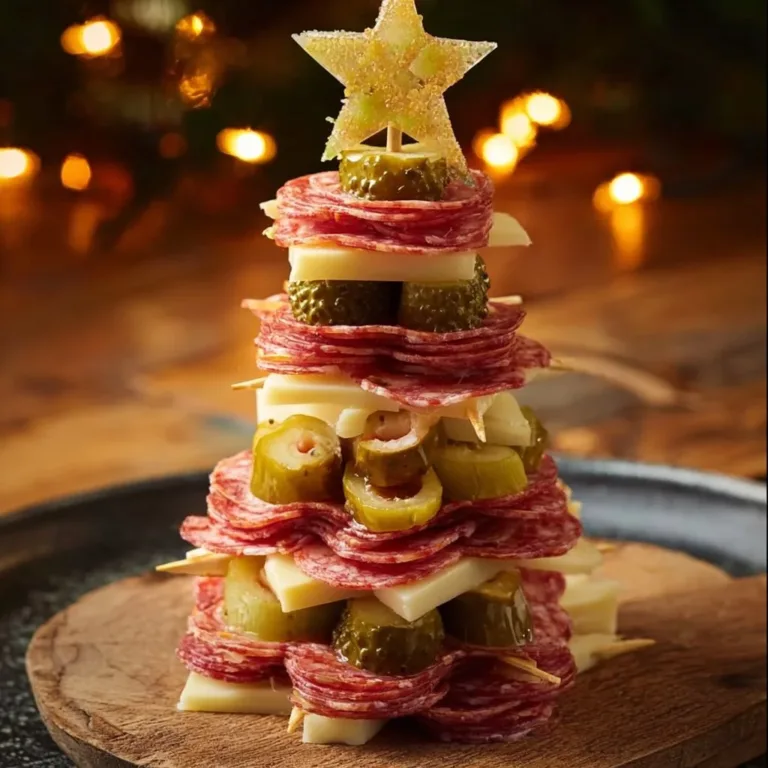 Colorful charcuterie tree skewers featuring meats, cheeses, and fresh vegetables