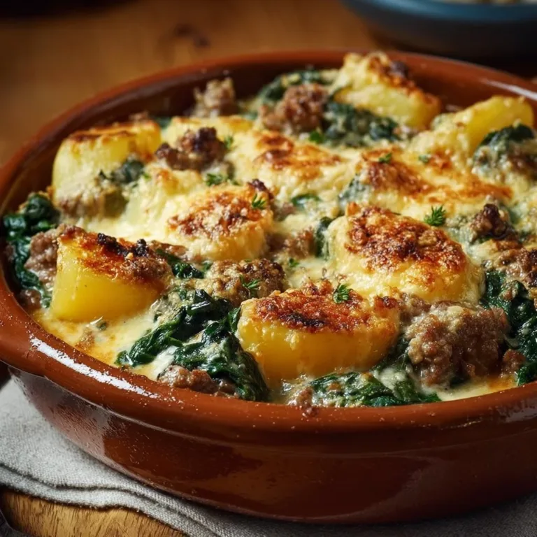 Cheesy beef and potato spinach casserole in a baking dish