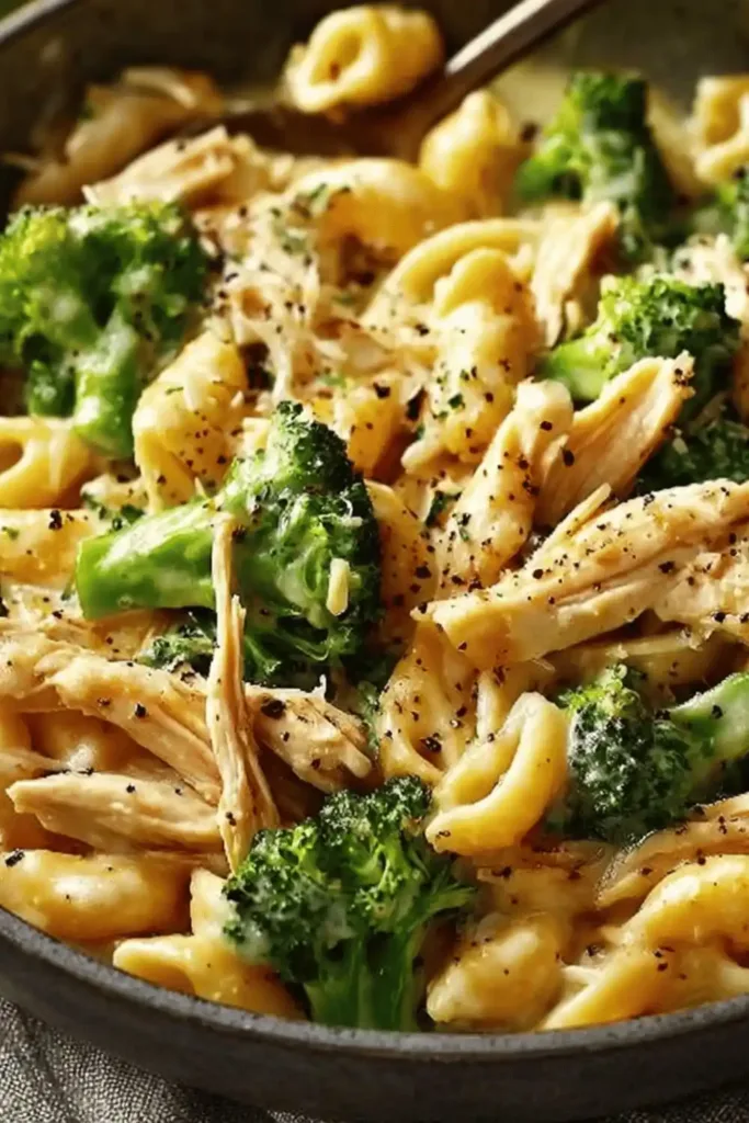 Creamy chicken and broccoli pasta in a bowl for quick dinners