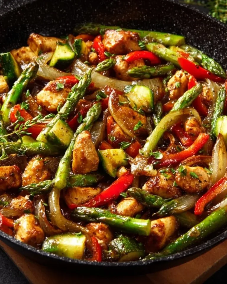 Chicken and Vegetables Skillet dish with colorful vegetables and succulent chicken
