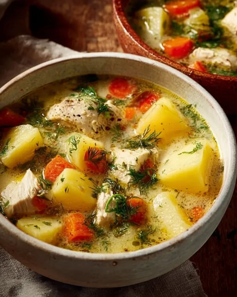 Bowl of delicious Chicken Potato Soup with herbs and potatoes
