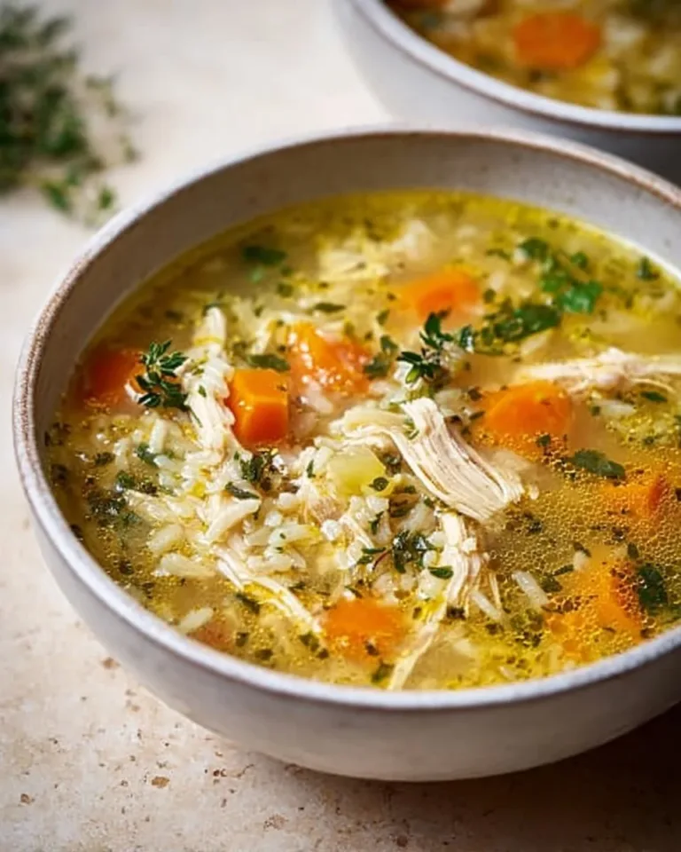 A bowl of hearty Chicken Rice Soup with tender chicken and rice in a savory broth.