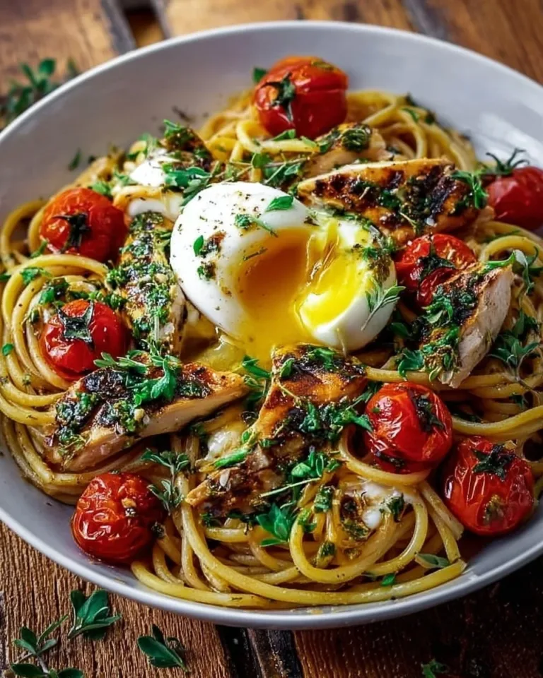 Plate of chicken spaghetti topped with creamy burrata and lemon butter sauce