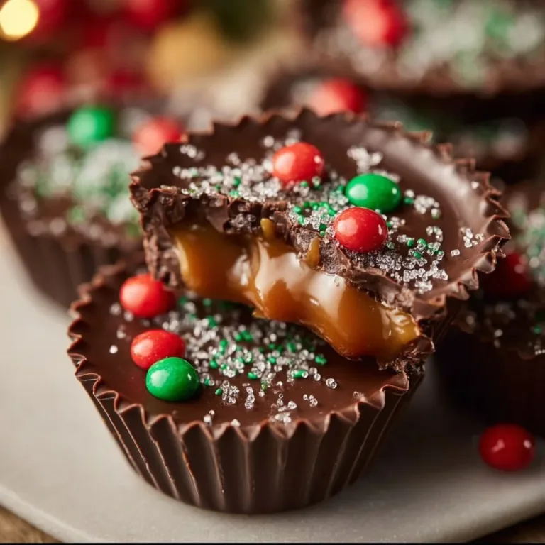 Festive Christmas chocolate caramel cups with rich chocolate and creamy filling