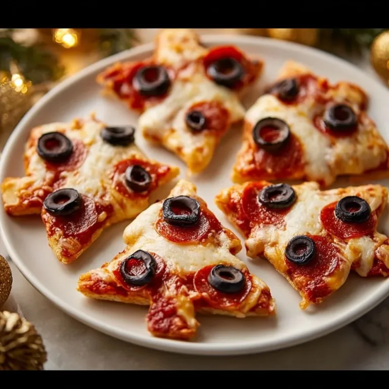 Delicious Christmas Tree Mini Pizzas decorated with festive toppings.