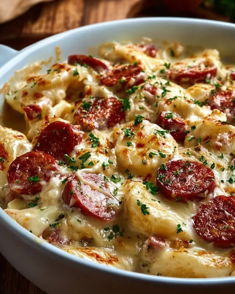 Classic Crockpot Pierogi Casserole with Kielbasa served in a bowl