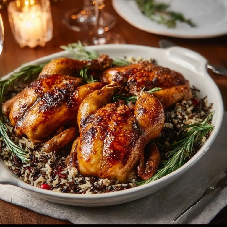 Cozy Cornish hens with apple-cranberry rice stuffing ready to serve