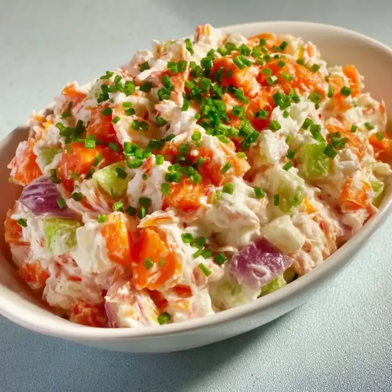 Delicious imitation crab salad served in a bowl with fresh vegetables.