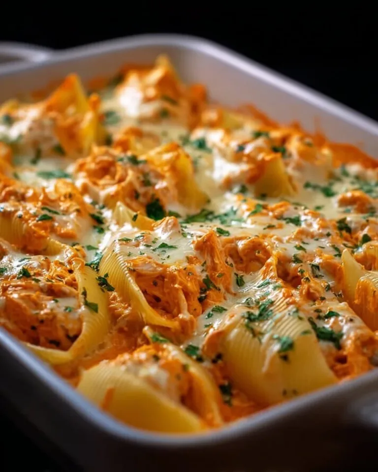 Creamy Buffalo Chicken Stuffed Shells garnished with herbs