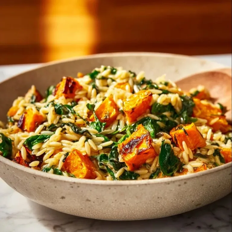 Creamy butternut squash orzo served in a bowl with herbs garnish.
