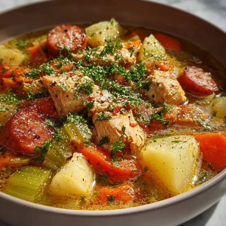 Delicious creamy chicken sausage stew garnished with herbs