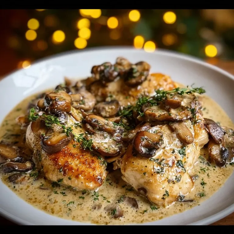 Creamy garlic chicken dish with mushrooms served on a plate