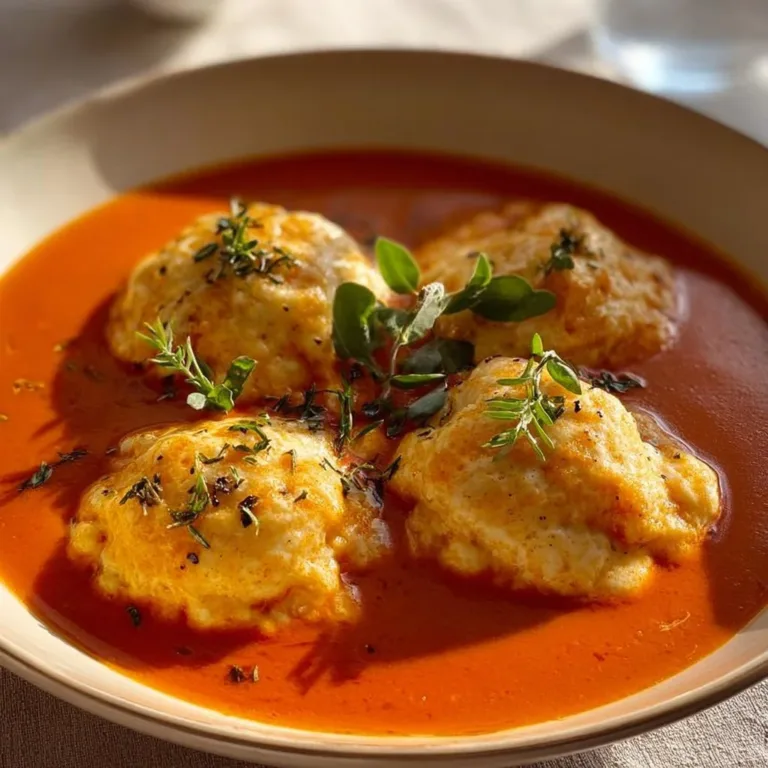 Bowl of creamy tomato soup garnished with cheesy dumplings on a rustic table