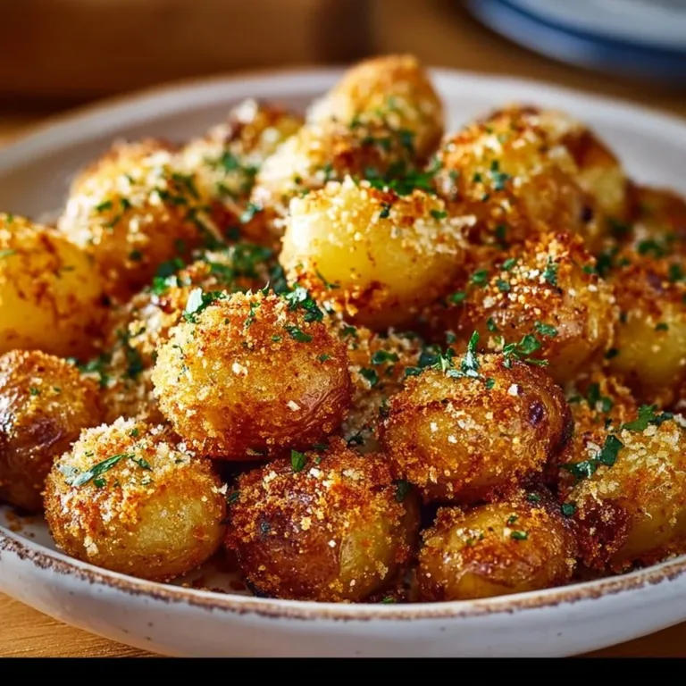 Crispy Parmesan crusted baby potatoes, golden brown and served hot.