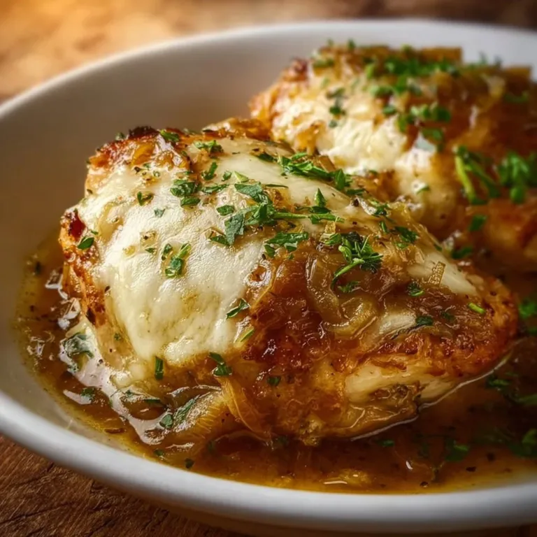 Crock Pot French Onion Chicken with melted cheese and caramelized onions