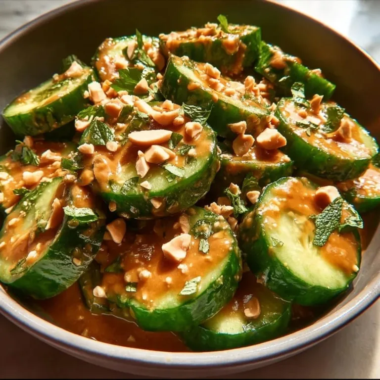 Cucumbers drizzled with spicy peanut sauce garnish.