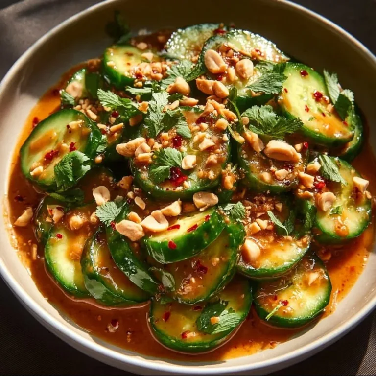 Cucumbers served with spicy peanut sauce for a zesty appetizer.