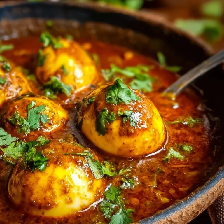Dhaba style masala egg curry served in a bowl with spices and herbs