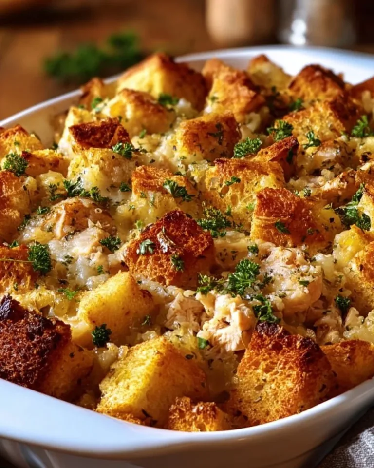 Dolly's Chicken and Stuffing Casserole served in a baking dish