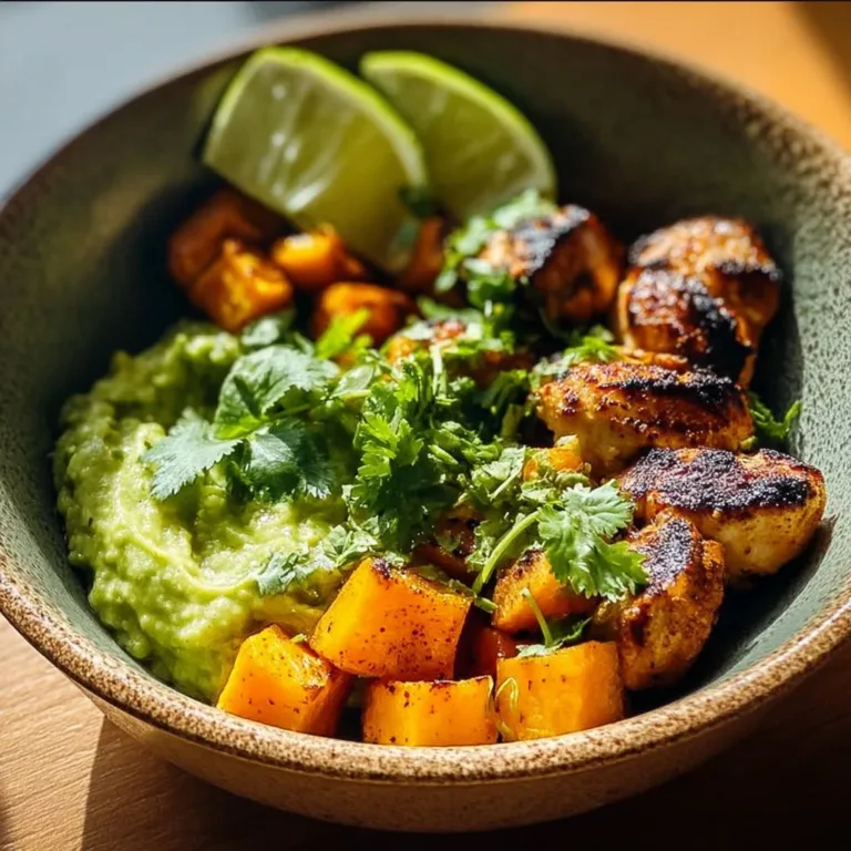 Easy avocado mojo bowls featuring sweet potato and chicken topped with fresh herbs
