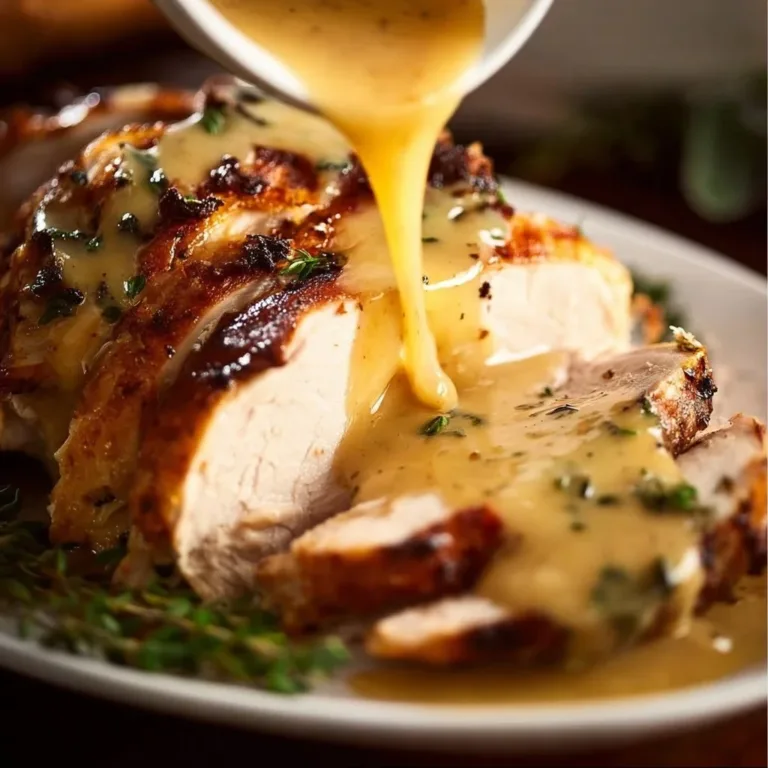Homemade easy turkey gravy served in a bowl with herbs